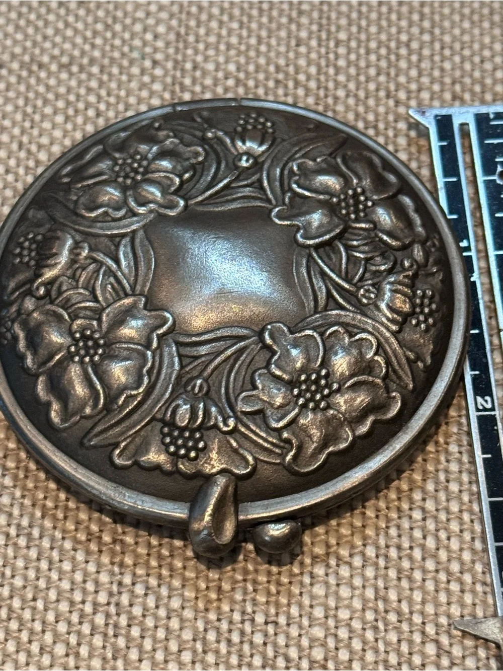 Ornate round silver color antique purse mirror